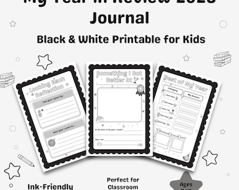 My Year in Review Journal 2025 | End of Year Reflection Worksheets | Black & White Printable | Kids Memory Journal PDF