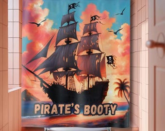 Ghost pirate ship at tropical island beach at sunset Shower Curtain &quot;Pirate&#39;s Booty&quot; ragged sails, Jolly Roger, beach house bathroom, sailor