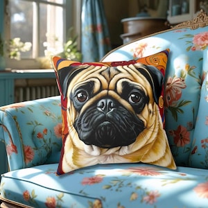 Totally pug dog face Spun Polyester Square Pillow for living room, window seat, bed, comfy chairs, pug lovers, housewarming gift, vet clinic
