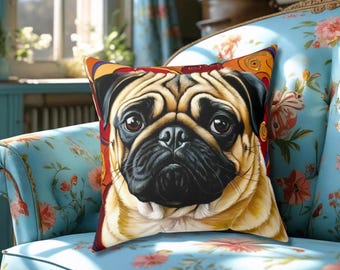犬の顔　『パグ』クッションカバー パグの枕カバー、自転車に乗った気まぐれなパグのクッションカバー