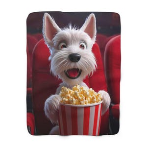 May include: A white cartoon dog with a surprised expression, holding a large popcorn bucket with red and white stripes. The dog is in a movie theater with red seats. The popcorn is yellow and fluffy.