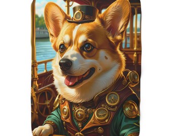 Cute Corgi in steampunk costume on a riverboat adventure Sherpa Fleece Blanket for Corgi families, kids' rooms, dorm decor, steampunk fans