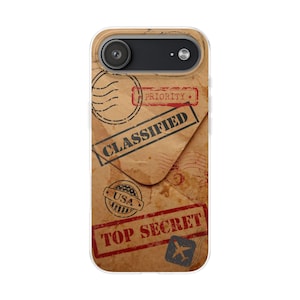 May include: A clear phone case featuring a vintage-style design. The design includes stamps with the words "CLASSIFIED", "TOP SECRET", and "PRIORITY". The case has a brown background with a clear border.