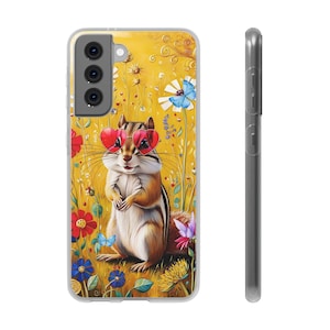 May include: A phone case with a cute cartoon chipmunk wearing heart-shaped sunglasses and surrounded by colorful flowers. The background is a yellow and green floral pattern.