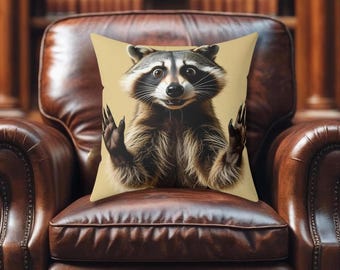 Funny raccoon spying on you Spun Polyester Square Pillow for kid's bedroom, family room, comfy chair, surprised critter, amusement, dorm