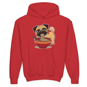Cute cartoon pug dog eating ramen Youth Heavy Blend Hooded Sweatshirt back-to-school hoodie, cool summer evenings, pug life kids