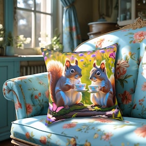 Squirrel friends enjoy teatime in the wildflowers Spun Polyester Square Pillow children&#39;s room, cottage core, nursery decor
