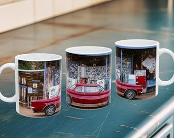 Taza de cerámica con diseño de un coche rojo antiguo en la Ruta 66, en la tienda Hackberry General Store de Arizona (325 ml, 444 ml). Centenario de la Ruta Madre. Regalo para el Día del Padre.