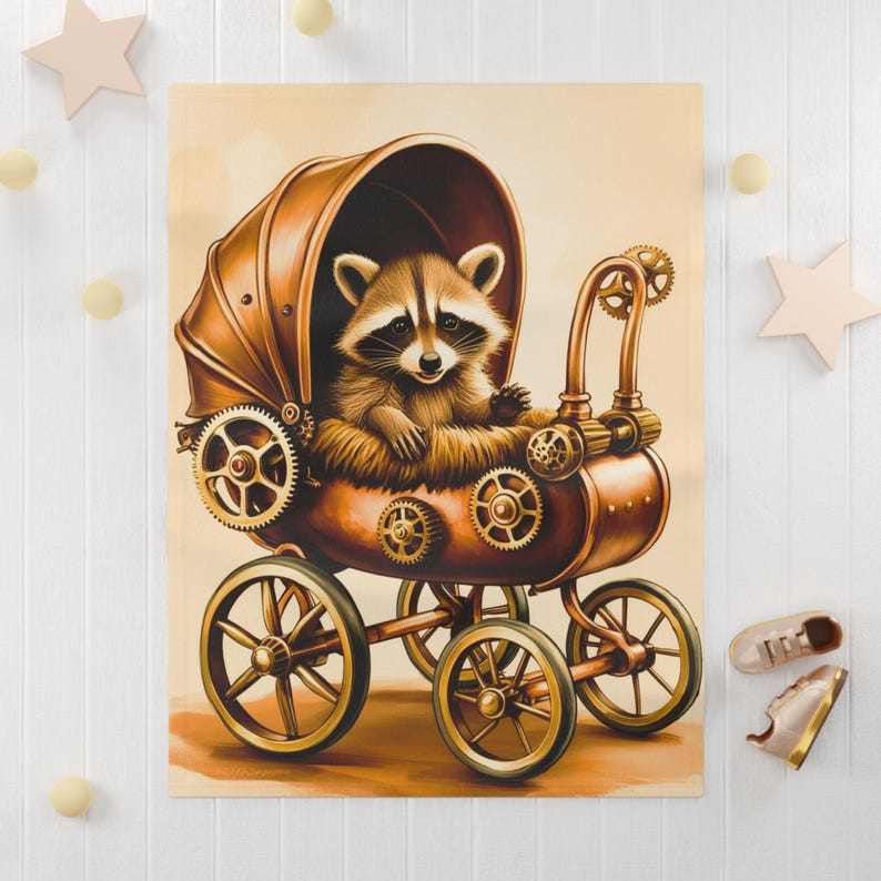Copper Racoon Raccoon Riding in a Copper Steampunk Stroller Soft Fleece Baby Blanket ...