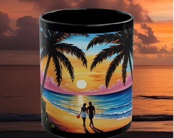 Loving couple walk on a tropical beach at sunset Black Mug, 2 sizes, remember or anticipate your perfect getaway vacation, honeymoon, summer