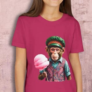 Silly monkey with pink cotton candy Youth Short Sleeve Tee funny summer shirt for the fair, carnival, outdoor events, circus, play, school