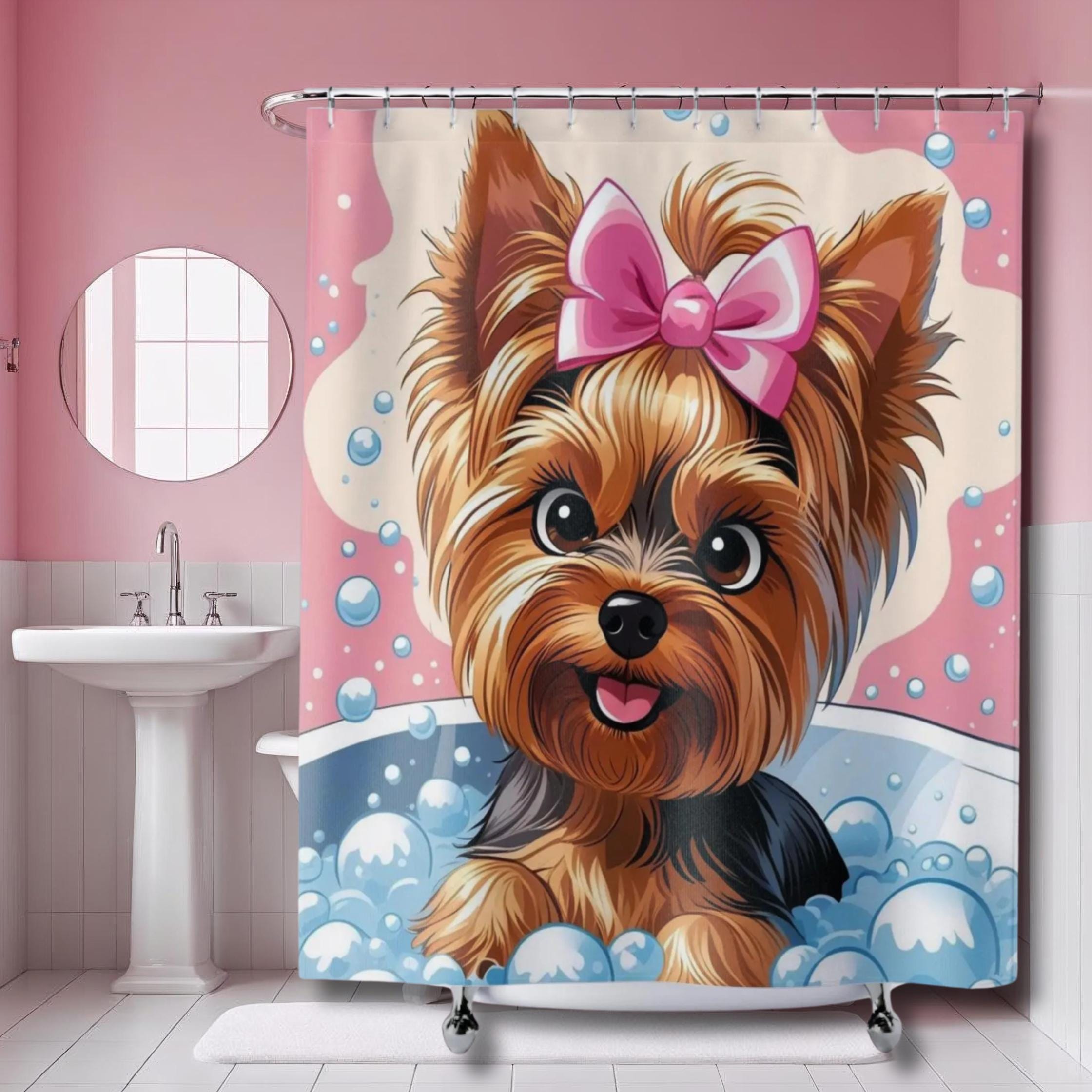 Cute Yorkshire terrier taking a bubble bath Shower Curtain adorable Yorkie with hair ribbon for girl's bathroom, pink decor, dog people