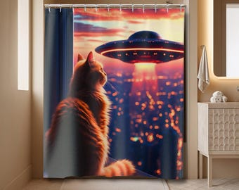 Ginger cat in high rise window watches a UFO hover over the city lights at sunset Shower Curtains, sci-fi decor, pretty kitty, spaceship