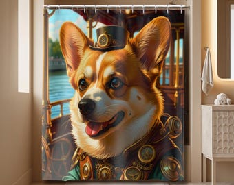 Steampunk Corgi in uniform on a fun riverboat adventure Shower Curtains for kid's bathroom, guest house, corgi dog family, steampunk fans
