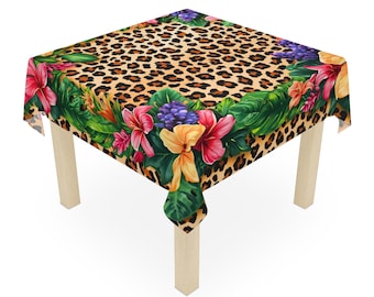 Bright tropical flowers border a leopard print background Tablecloth for fun colorful kitchen, beach house dining, apartments, Florida