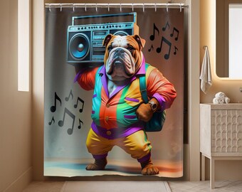 Boom Box Bulldog in 90&#39;s neon colors blasts his music in your bathroom Shower Curtain, funny flamboyant loud bully pet jam, retro party pup