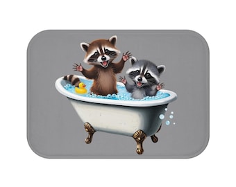 Two happy little raccoons in a bubble Bath Mat cleaning up with rubber duck for kids bathroom, gray, cute decor siblings baby guests cabin