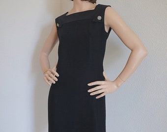 Vintage 1960s R & K Originals Little Black Dress / 60s Mod Cocktail Party Shift Dress with Rhinestone Buttons / Minimalist Cocktail Dress