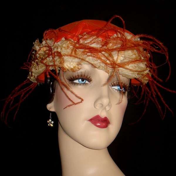 Vintage Pumpkin Orange Velvet Hat with Flowers and Wisps of Feathers