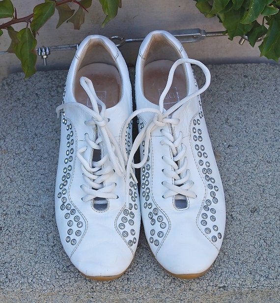 Vintage 70s 80s Rhinestone Studded White Leather … - image 3