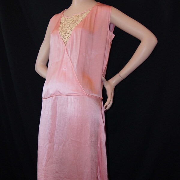 Vintage 1920s Pink Silk Satin and Ecru Lace Flapper Dress