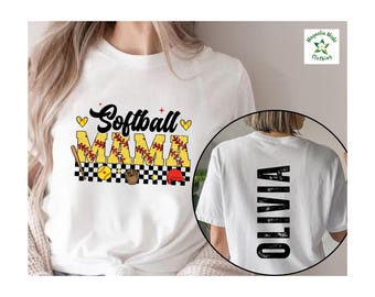 May include: White t-shirt with the text "Softball Mama" in a colorful design featuring baseballs, a bat, and a glove. The back of the shirt has the name "Olivia" printed vertically in black. The shirt is from Magnolia Mode Clothing.