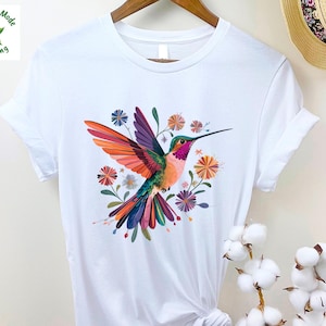 Floral Hummingbird Shirt, Animal Lover Tee, Bird Shirt, Trendy Tee, Gift for Her, Bird Lover T-Shirt, Spring Birds, Flower Shirt