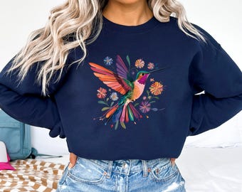 Floral Hummingbird Sweatshirt, Animal Lover Tee, Bird Hoodie, Trendy Tee