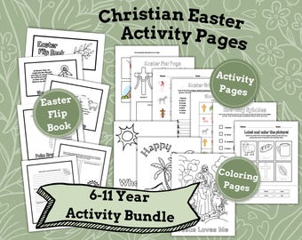 Può includere: Un pacchetto di attività di Pasqua cristiana stampabile per bambini dai 6 agli 11 anni. Il pacchetto include pagine da colorare, pagine di attività e un libro a leggio. Le pagine presentano immagini di una croce, un agnello, un ramo di palma e Gesù.