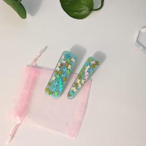 Mint Green and Rainbow Butterfly Confetti Hair Barrettes - Set of 2