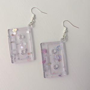 Pastel Confetti Cassette Tape Dangle Earrings - Retro Cassette Tape Drop Earrings - Handmade Resin Earrings
