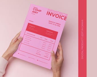 Plantilla de factura moderna en color rosa / Factura comercial para pequeñas empresas, autónomos, servicios / Plantilla para pequeñas empresas / Plantilla editable