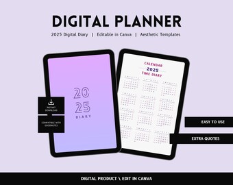 Planificador digital 2025 / Plantilla de Canva y PDF con hipervínculos / Planificador de GoodNotes y iPad / Calendario estético / Seguimiento de objetivos y presupuestos / Diario
