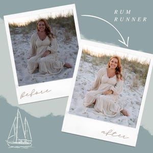 May include: Before and after photo of a person sitting on a sandy beach wearing a white dress. The photo on the right has been edited with a filter called "Rum Runner".