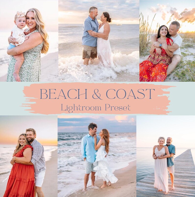 May include: A collection of photographs showcasing couples on a beach. The images have been edited with a warm, golden hue and a soft, dreamy aesthetic. The text "Beach & Coast Lightroom Preset" is displayed on a peach-coloured background.