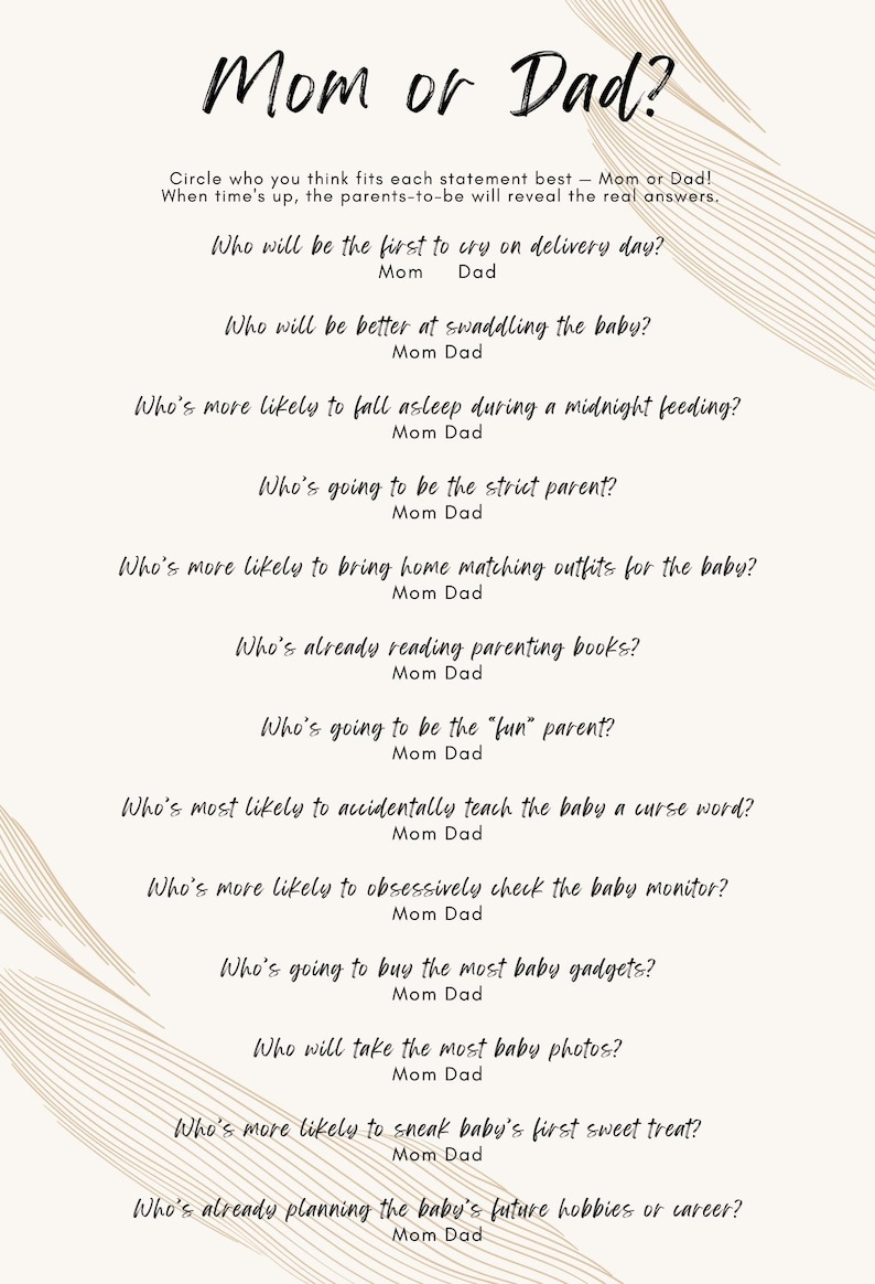 Mom or Dad Baby Shower Game – Printable Themed Funny Baby Game – Guess ...