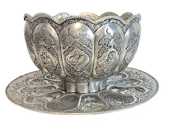 Engraved Copper Centerpiece Bowl on Stand with Tray Handcrafted Toreutics Metal Art, Antique Embossed Decorative Set, Collectible Home Décor