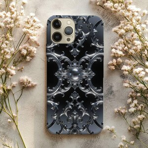Black Silver Baroque Phone Case, Gothic Ornate Scrollwork Printed Pattern, Elegant Samsung & iPhone Case