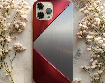 Brushed Silver and Crimson Triangle Phone Case – Metallic Geometric Pattern for iPhone & Samsung Galaxy Models – Modern Industrial Case