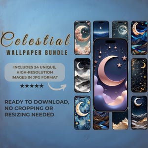 Celestial Phone Wallpaper Bundle – 24 Minimalist Lock Screens for iPhone & Android | Digital Download | Aesthetic Stars and Moon Background