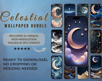 Celestial Phone Wallpaper Bundle – 24 Minimalist Lock Screens for iPhone & Android | Digital Download | Aesthetic Stars and Moon Background