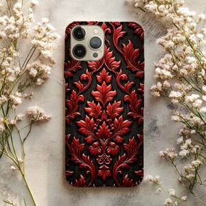 Red & Black Baroque Phone Case – Gothic Damask Scrollwork Pattern Print– Dark Luxury Ornate Design – Samsung and iPhone