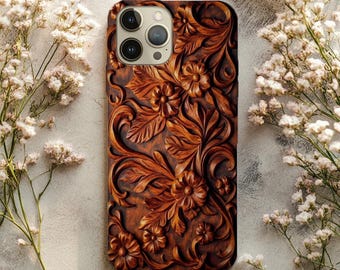 Carved Walnut Floral Print Phone Case – Ornate Wood-Carving Aesthetic, Western Tooled Pattern, Rustic Luxury Tough Cover iPhone & Samsung