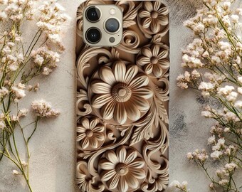 Carved Wood Floral (Print) Phone Case | 3D Relief Flower Art Print Cover | Warm Boho Baroque Scroll Design | iPhone & Samsung Case