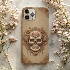 Steampunk Skull Phone Case • Gothic Gear Design • Beige Leather Look • Mechanical Flower Skull Art • Unique iPhone Samsung Cover
