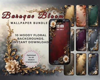 Dark Floral Phone Wallpapers – Moody Baroque Backgrounds for iPhone & Android | 10 Vintage Floral Lock Screens, Elegant Digital Download