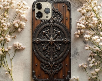 Coque médiévale rose des vents pour iPhone et Samsung - Housse de protection vintage en bois orné et gravure sur métal