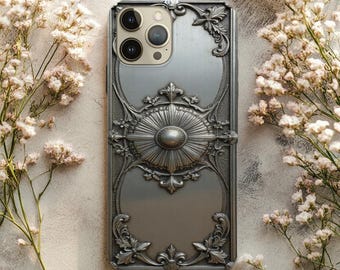 Silver Baroque Medallion Phone Case Print, Ornate Pewter Panel Design Cover for Samsung & iPhone, Gothic Regal Scroll Floral