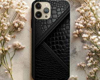 Black Crocodile Leather Phone Case – Luxury Embossed Alligator Skin Design for iPhone & Samsung, Premium Tough Protective Cover