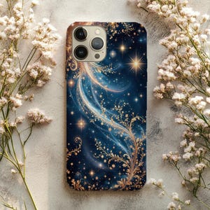 Celestial Gold Starry Night Phone Case – Elegant Galaxy Swirl Design for iPhone & Samsung, Luxury Cosmic Art Protective Cover